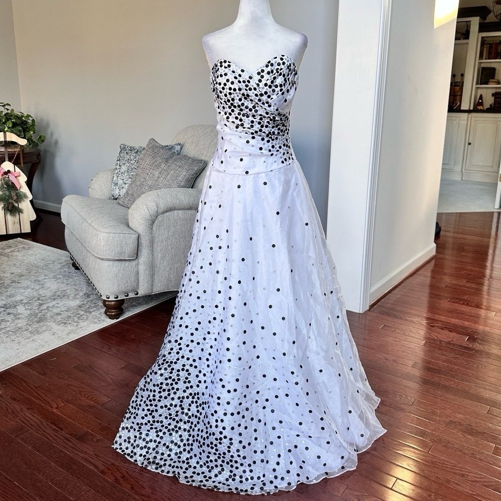 Masquerade Strapless Black White Silver Polka Dot Glitter Princess Gown Dress
